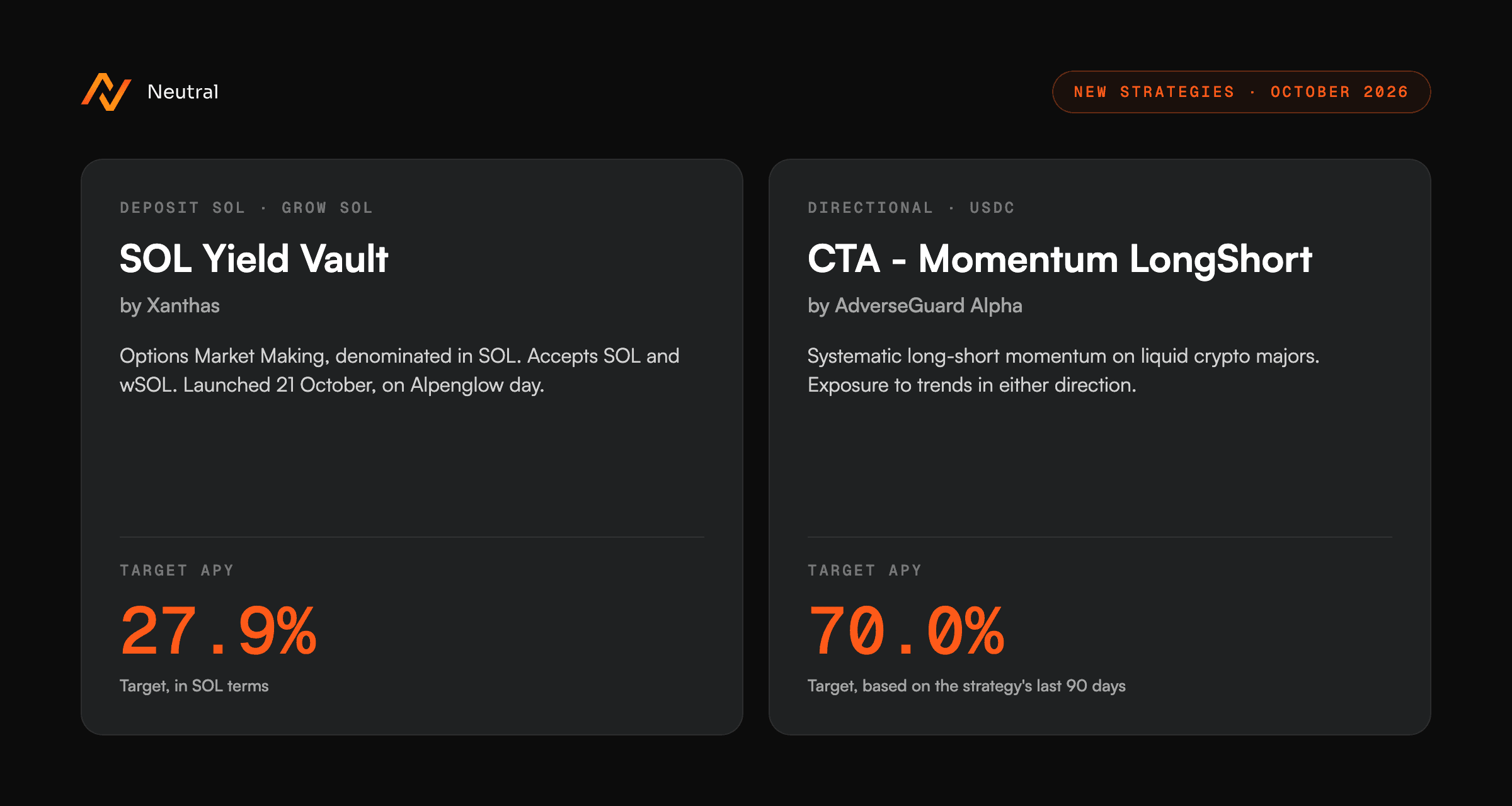 New strategies: SOL Yield Vault by Xanthas and CTA - Momentum LongShort by AdverseGuard Alpha
